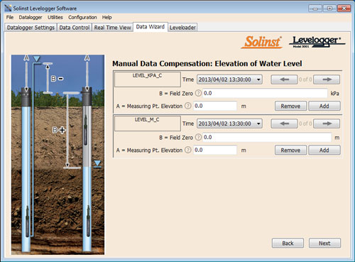 I dati del Levelogger vengono regolati inserendo le misurazioni ottenute dal Freatimetro 101D mediante il Data Wizard del Solinst Levelogger I dati del Levelogger vengono regolati inserendo le misurazioni ottenute dal Freatimetro 101D mediante il Data Wizard del Solinst Levelogger